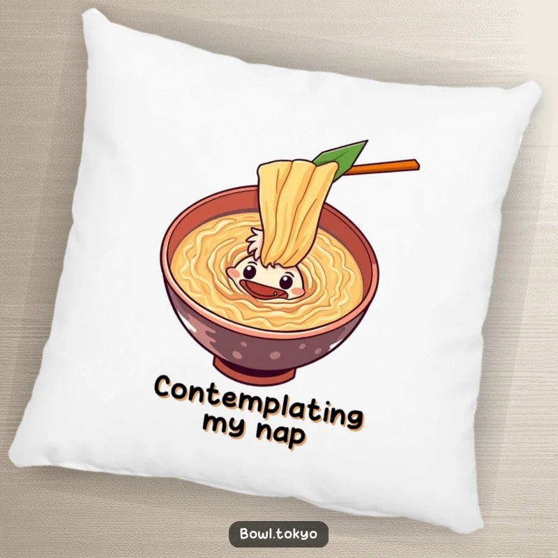 Funny curious ramen bowl pillow character peering into a swirling vortex of flavorful soup, soft, intriguing, and humorous.