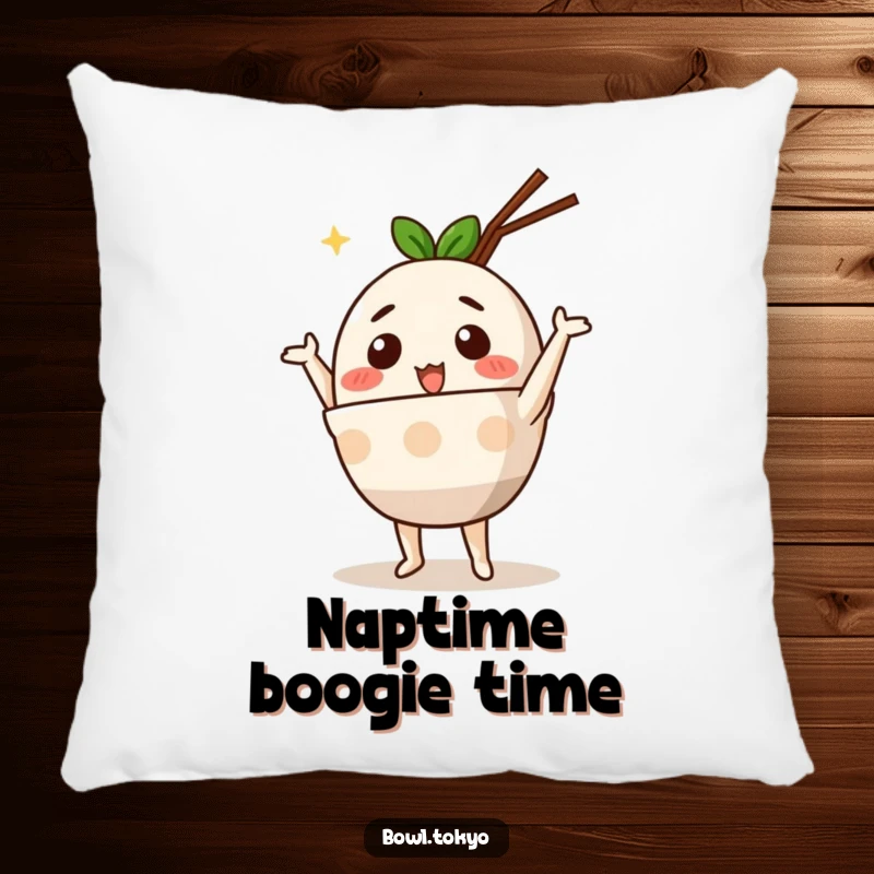 Funny Cute Ramen Bowl Pillow with an anthropomorphic character doing a silly dance, perfect for cozying up with a dose of fun.