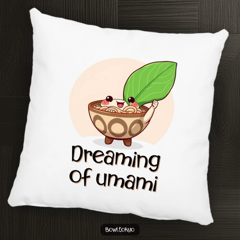 Funny happy ramen bowl pillow character offering a giant shiny nori seaweed leaf, soft, comfortable, and humorous.