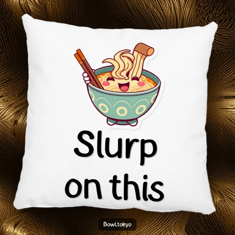 Funny Ramen Bowl Pillow, a friendly character offering a chopstick greeting, ideal for comfort and decor.