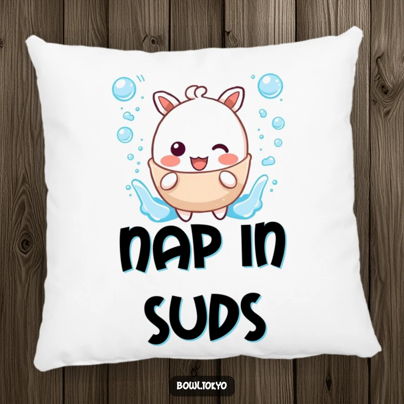 Funny pillow with a super cute kawaii broth character happily splashing amidst delightful bubble accents, bringing joy.