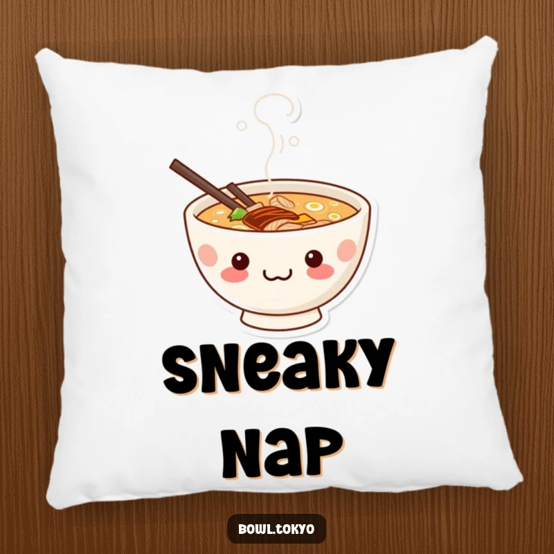 Funny cute kawaii ramen bowl pillow with a mischievous grin peeking from steam, perfect for relaxation.