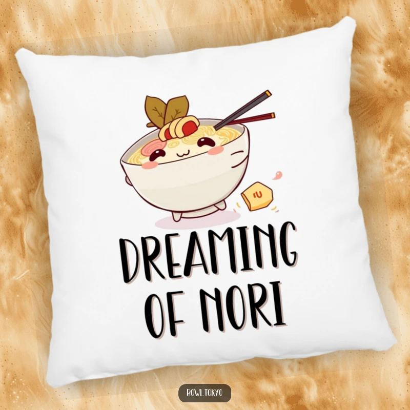 Funny Kawaii ramen bowl pillow, character chasing nori, soft and playful, bedroom decor, giftable.