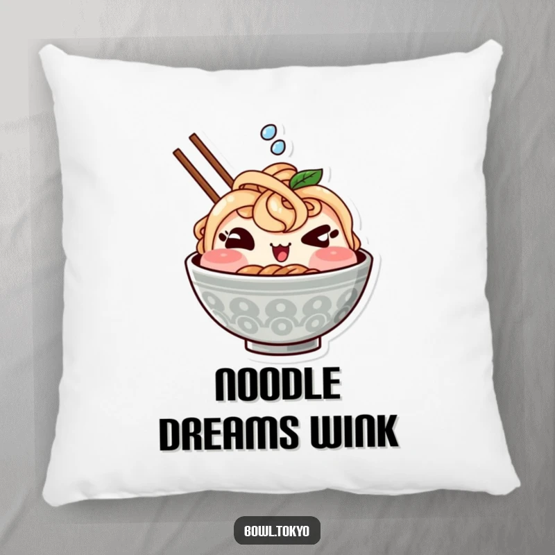 Funny decorative pillow featuring a cute Kawaii ramen bowl character winking mischievously and splashing, perfect for cozy foodie humor.
