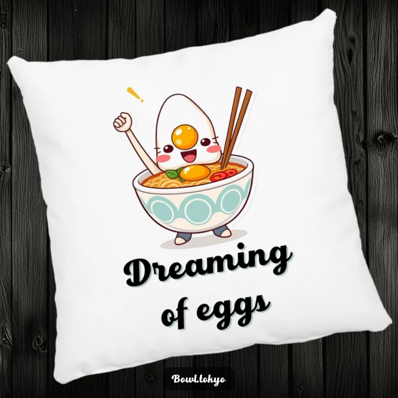 Funny Kawaii ramen bowl pillow, character triumphantly holding a perfect egg, soft and humorous, bedroom decor, giftable.