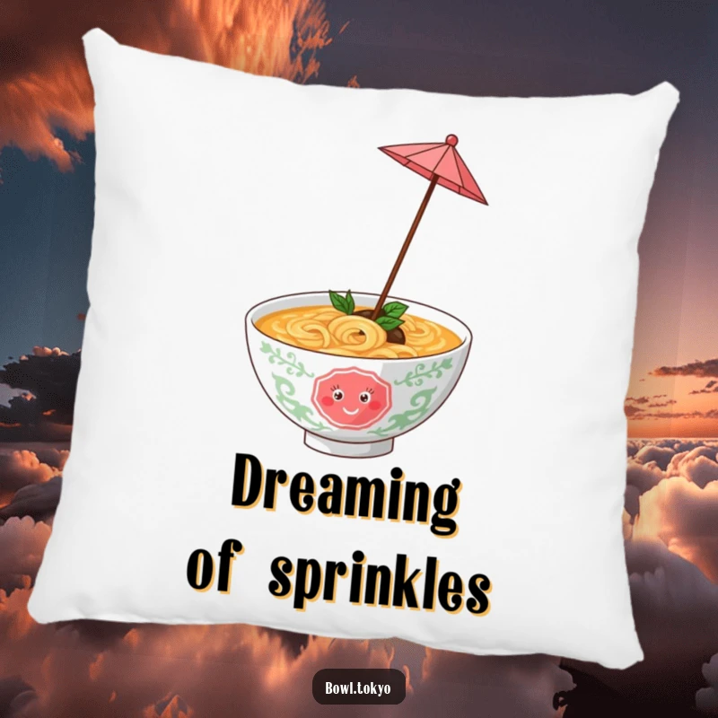 Funny ramen bowl with a tiny umbrella, twirling with joy, a soft and comfortable humorous pillow for cozy spaces.