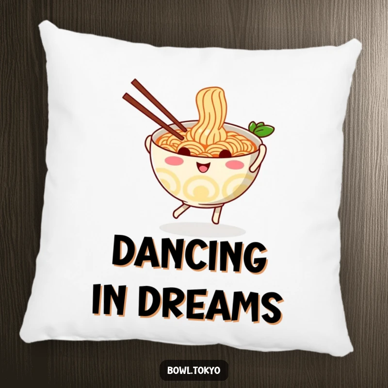 Funny playful ramen bowl pillow, featuring a dancing noodle character with chopsticks, soft and decorative cushion.