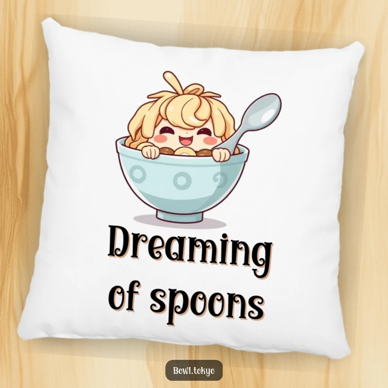 Funny Ramen Bowl Pillow with a mischievous character peeking from behind a spoon, offering comfort and humor.