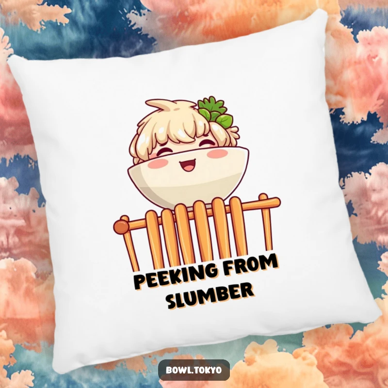 Funny pillow with a joyful ramen bowl character peeking over a wall of chopsticks, ideal for cozy humor.