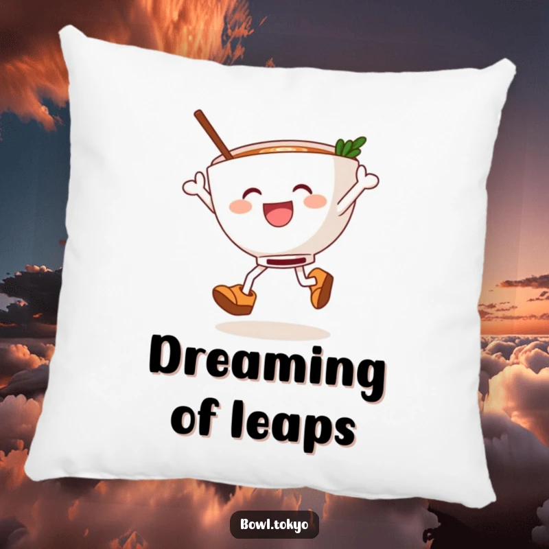 Funny ramen bowl in wooden clogs, joyfully leaping, a soft and comfortable pillow for amusing home accents.