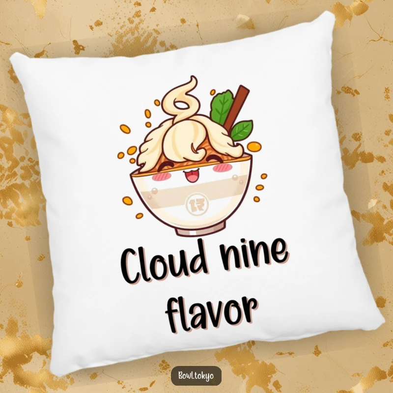 Funny pillow with a happy ramen bowl character and a dynamic flavor cloud, offering comfort and a humorous touch.