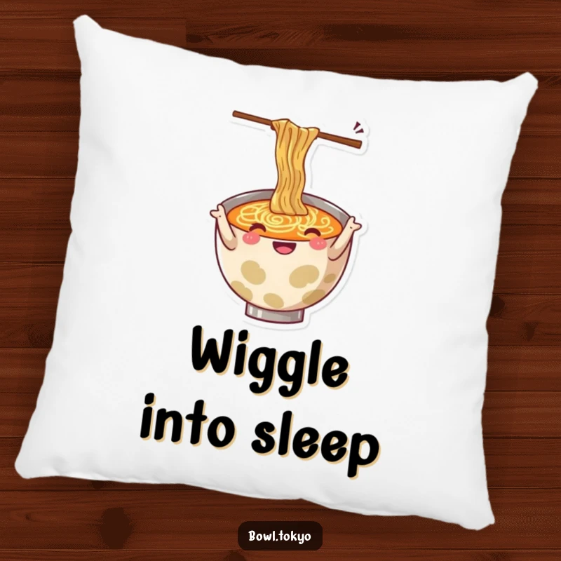 Funny pillow with a cheerful ramen bowl character gesturing with wiggly chopsticks, perfect for relaxation.