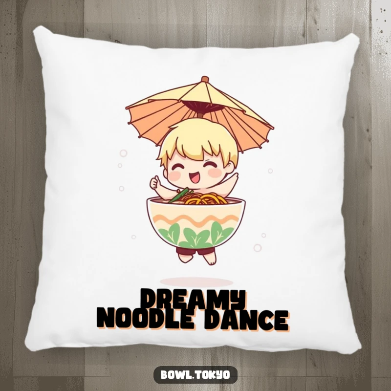 Funny ramen bowl character with a tiny paper umbrella gracefully dances within a soft mist on this pillow.