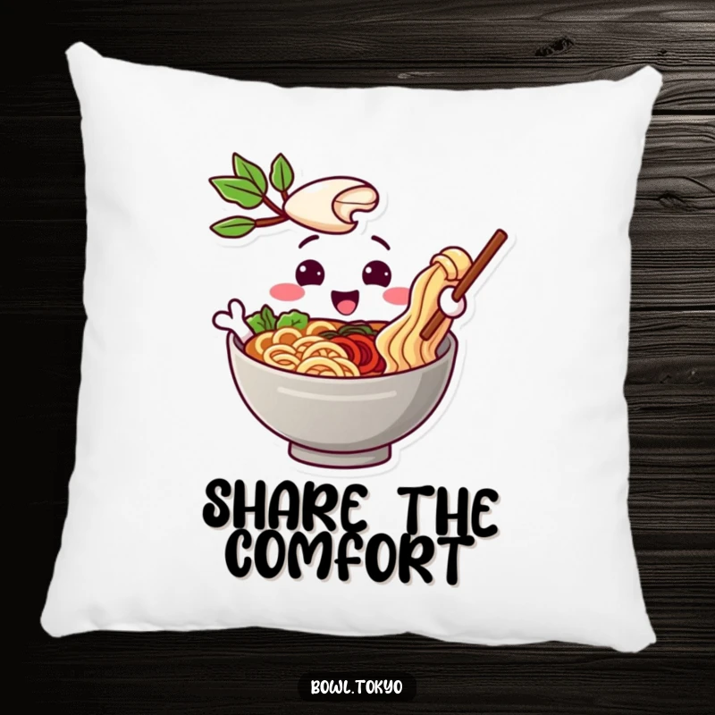 Funny pillow depicting a playful ramen bowl character offering a noodle with a gentle, friendly, and inviting expression.