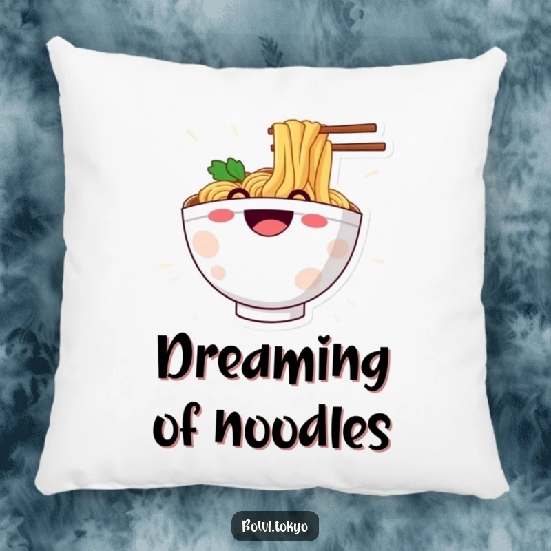 Funny pillow with a happy ramen bowl character grinning as it slides down a noodle, ideal for cozy, humorous comfort.