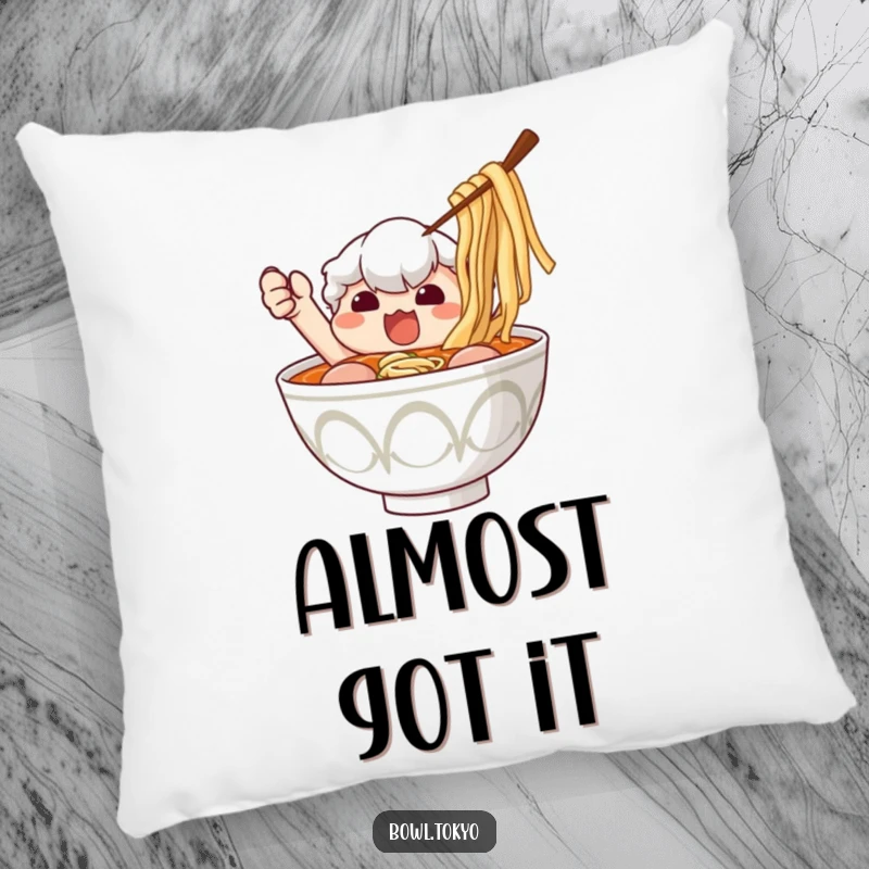 Funny Ramen Pillow: Soft cushion featuring a determined ramen bowl character humorously reaching for nori.