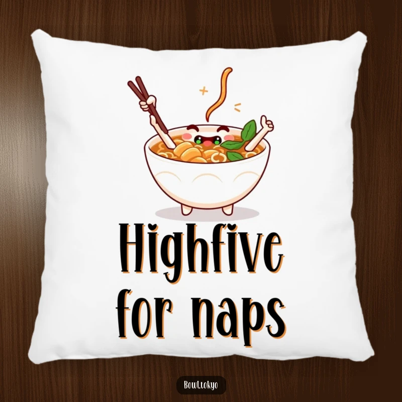 Funny Pillow: A plush ramen bowl character with chopstick arms giving a high-five, offering comfort and playful charm.