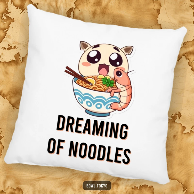 Funny ramen bowl character with ecstatic eyes chomps on a huge shrimp, perfect for a decorative pillow.
