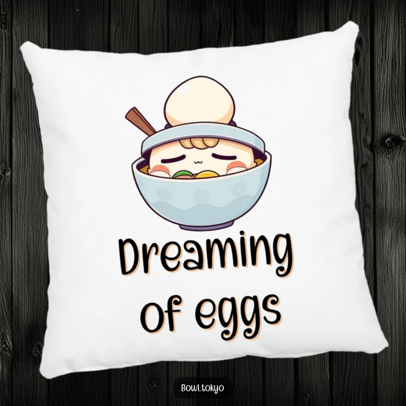 Funny Ramen Pillow: Soft cushion featuring a sleepy ramen bowl character comically wearing a tiny egg hat.