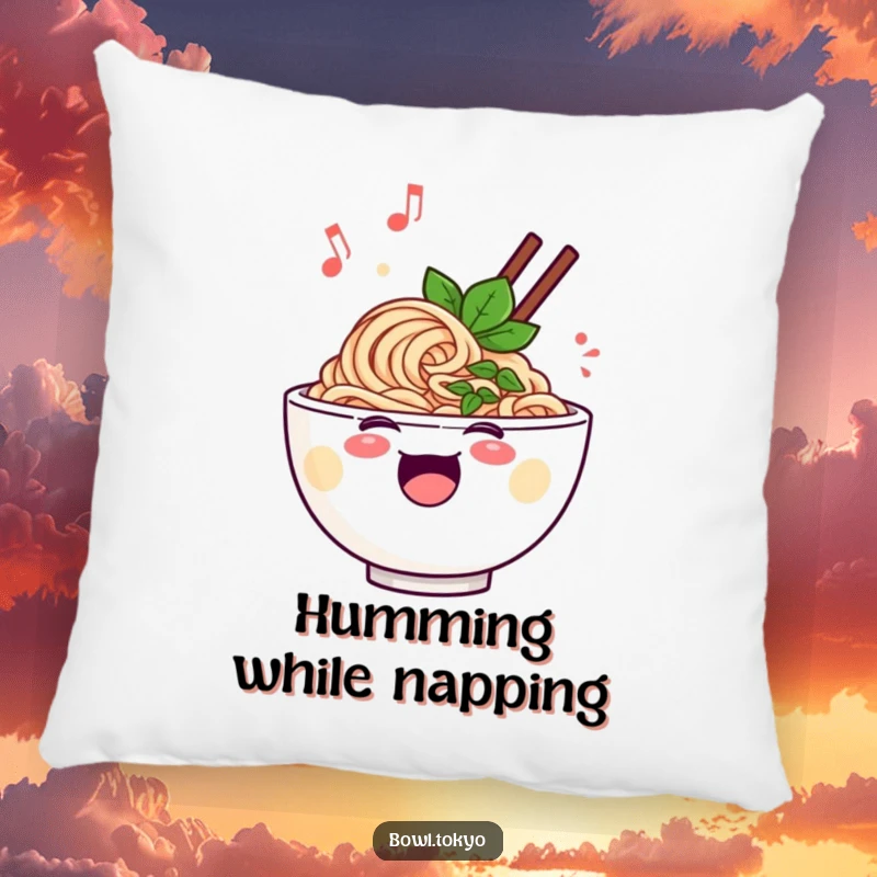 Funny cheerful ramen bowl pillow, featuring a singing noodle character with musical notes, soft and decorative cushion.