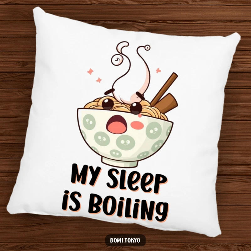 Funny surprised ramen bowl pillow, featuring a comically shocked noodle character with steam art, soft and decorative cushion.
