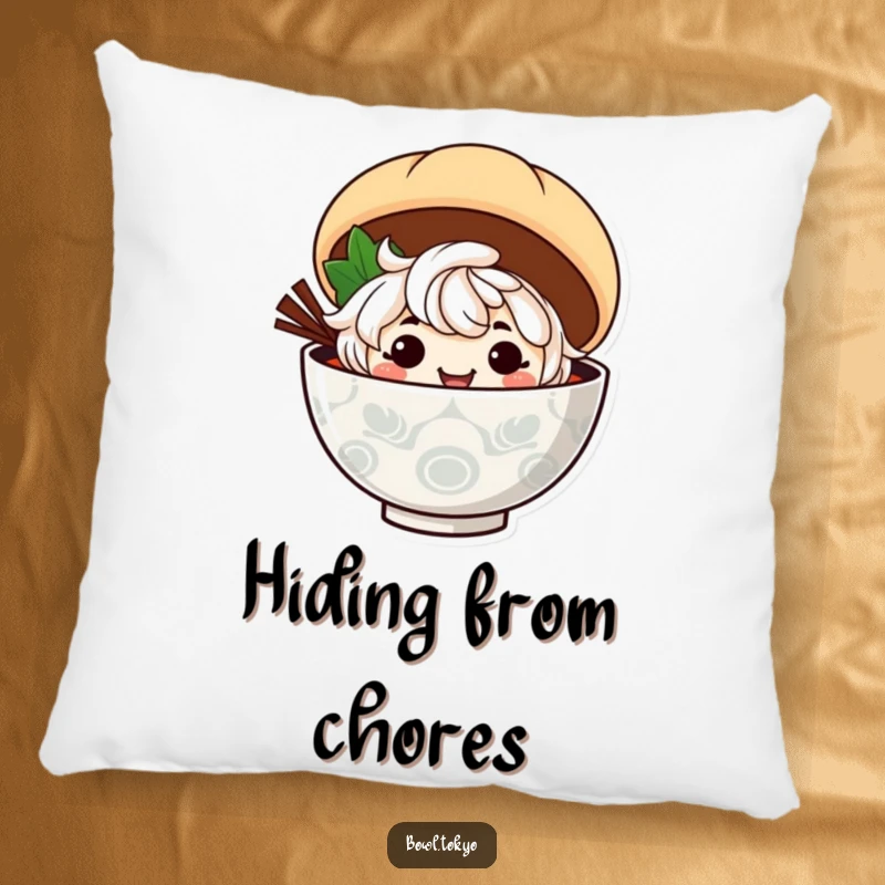 Funny ramen bowl character with a mischievous grin peeks from behind a soft steamed bun on this pillow.