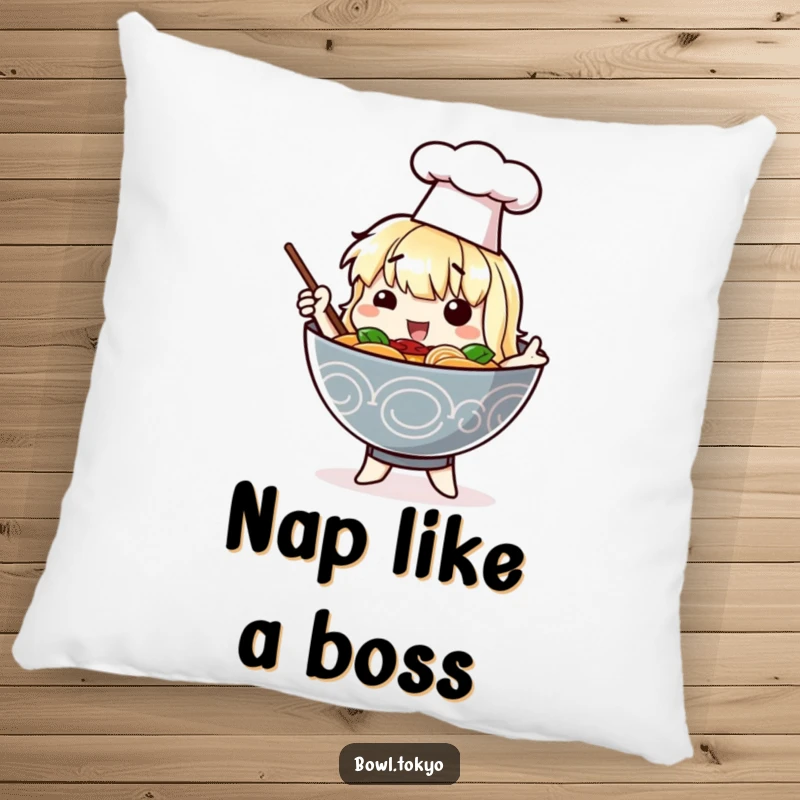 Funny pillow with a ramen bowl character in a chef hat posing dramatically, offering comfort and humorous decor.