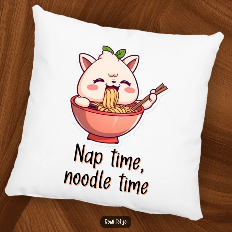 Funny pillow showing an anthropomorphic ramen bowl character comically slurping noodles with a look of ultimate comfort and noodle satisfaction.