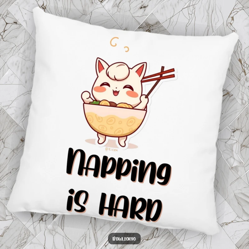 Funny cheerful anthropomorphic ramen bowl pillow with a character happily juggling chopsticks, perfect for relaxation.