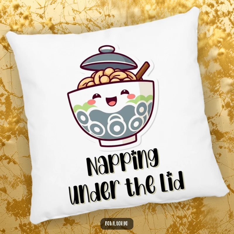 Funny Ramen Bowl Pillow with a lid ajar and a joyful face peeking out, offering comfort and happiness.