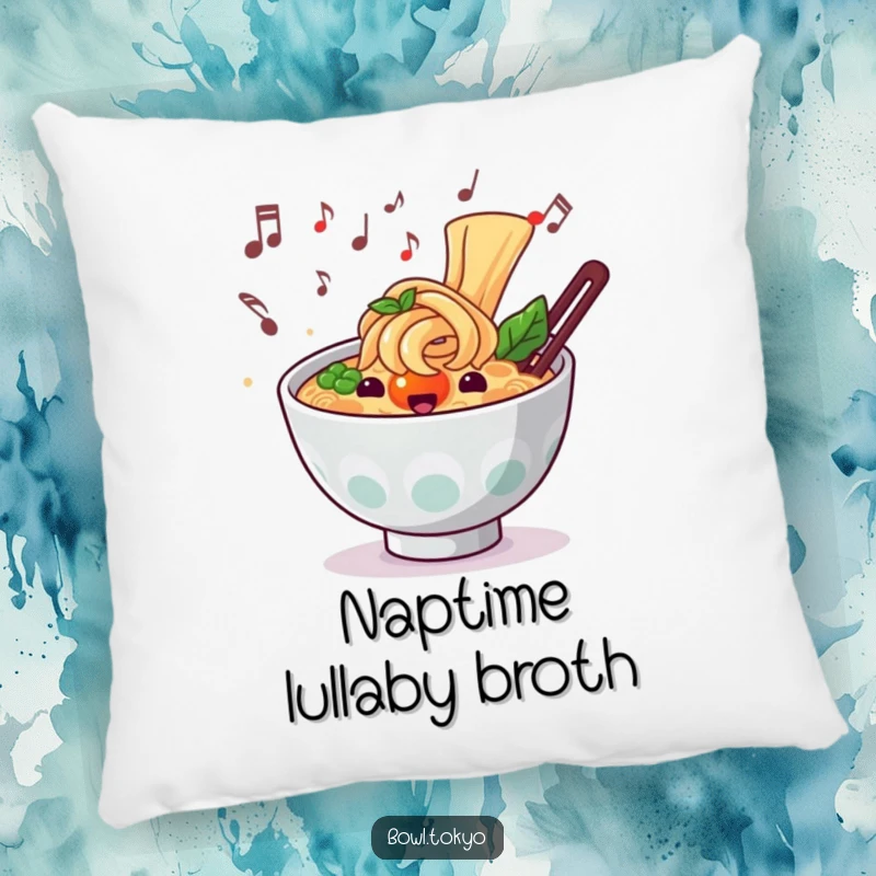 Funny musical ramen pillow with a noodle bowl character and musical notes, perfect for relaxing.