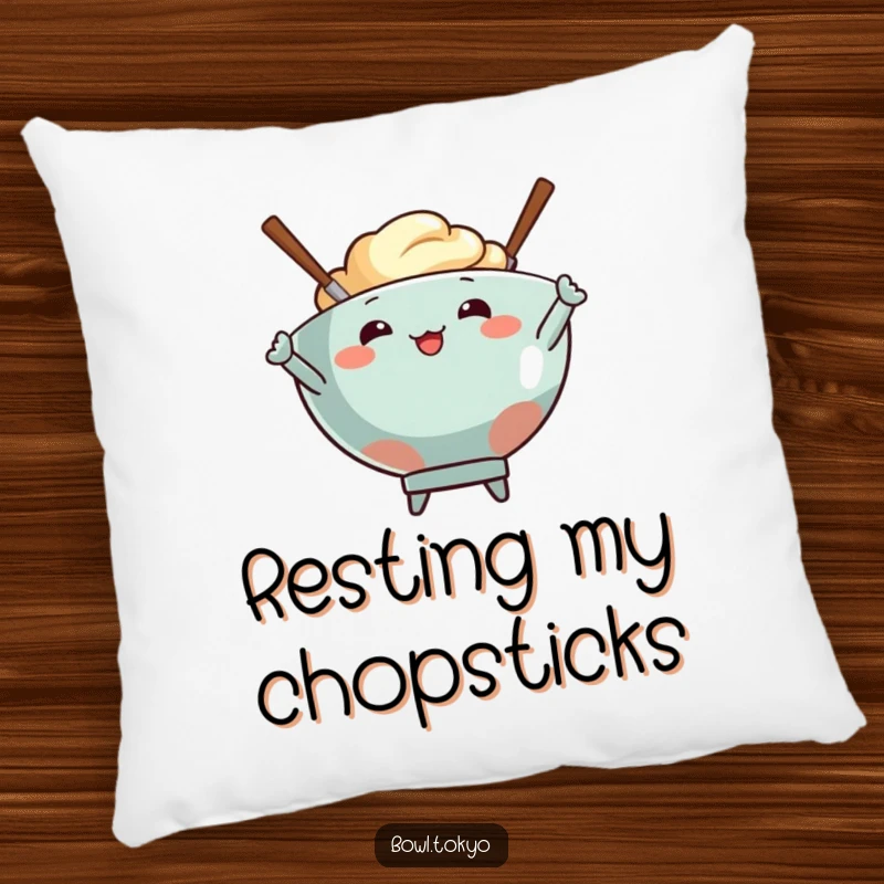 Funny pillow with a food bowl character and two energetic chopsticks striking a charming, laid-back pose.