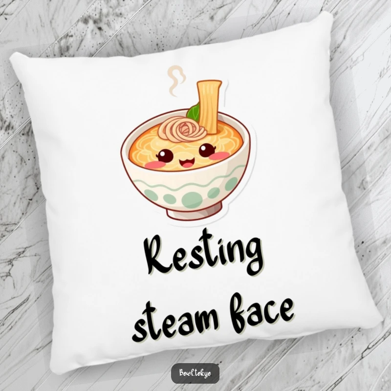 Funny Comfort Ramen Bowl Pillow with a cute noodle character whose steam forms a happy face, inviting relaxation.