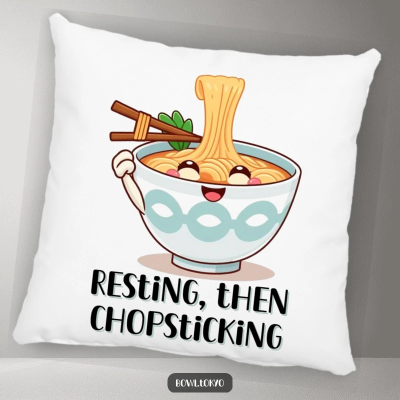 Funny Plush Ramen Bowl Pillow featuring a smiling noodle character offering a chopstick as a welcoming embrace, perfect for comfort.