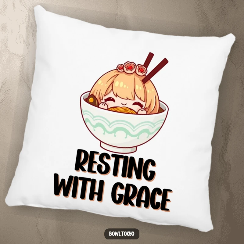 Funny ramen bowl with a decorative hairpiece, bowing politely, a soft and comfortable humorous pillow for elegant settings.