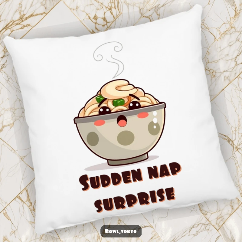 Funny Pillow: A plush ramen bowl character looking surprised with steam puffing, offering a soft and amusing decorative piece.