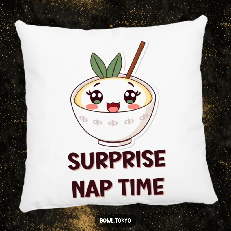 Funny kawaii ramen bowl pillow with a character sporting big surprised eyes looking upwards, perfect for cozying up.