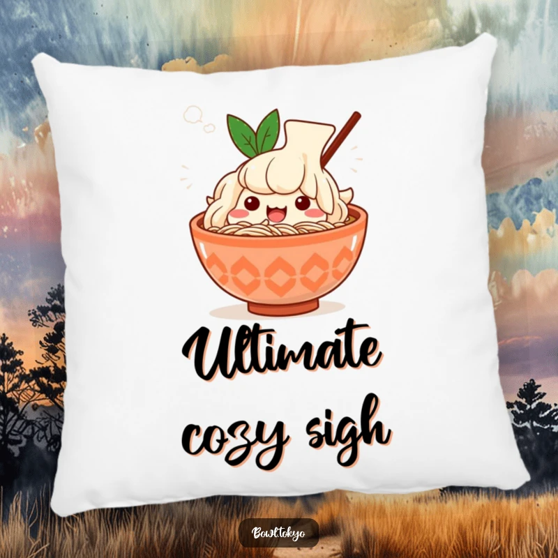 Funny Kawaii ramen bowl pillow, character sighing happily, steam effect, soft and comforting, giftable.
