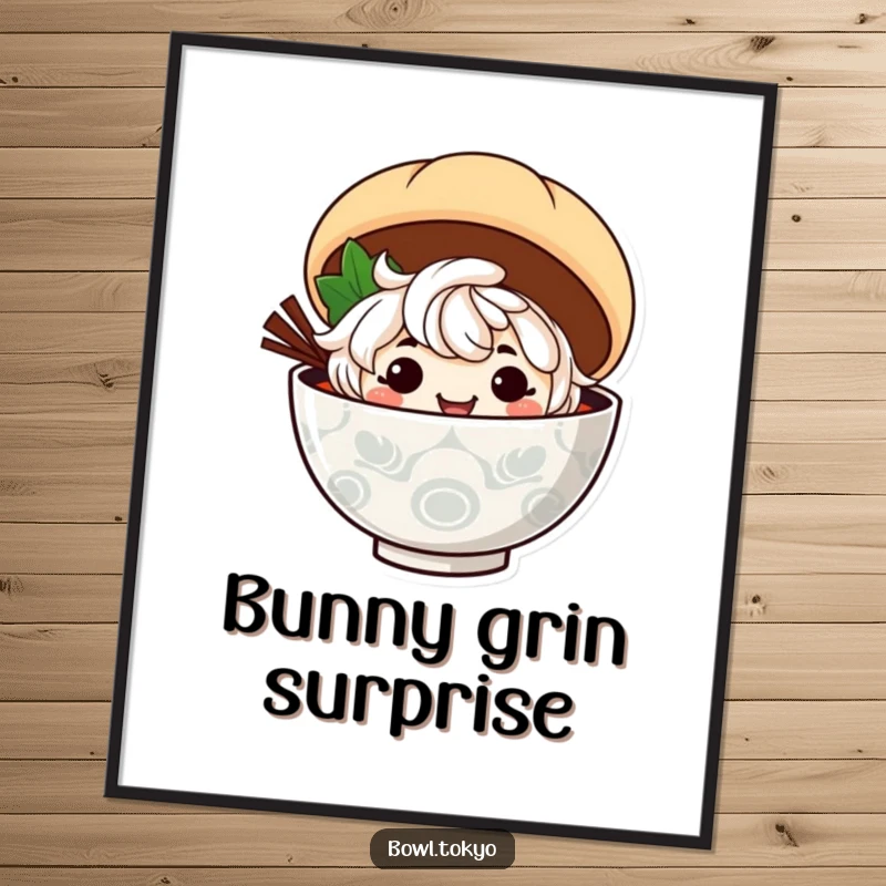 Funny ramen bowl character with a mischievous grin peeks out from behind a steamed bun, available as a digital art print.