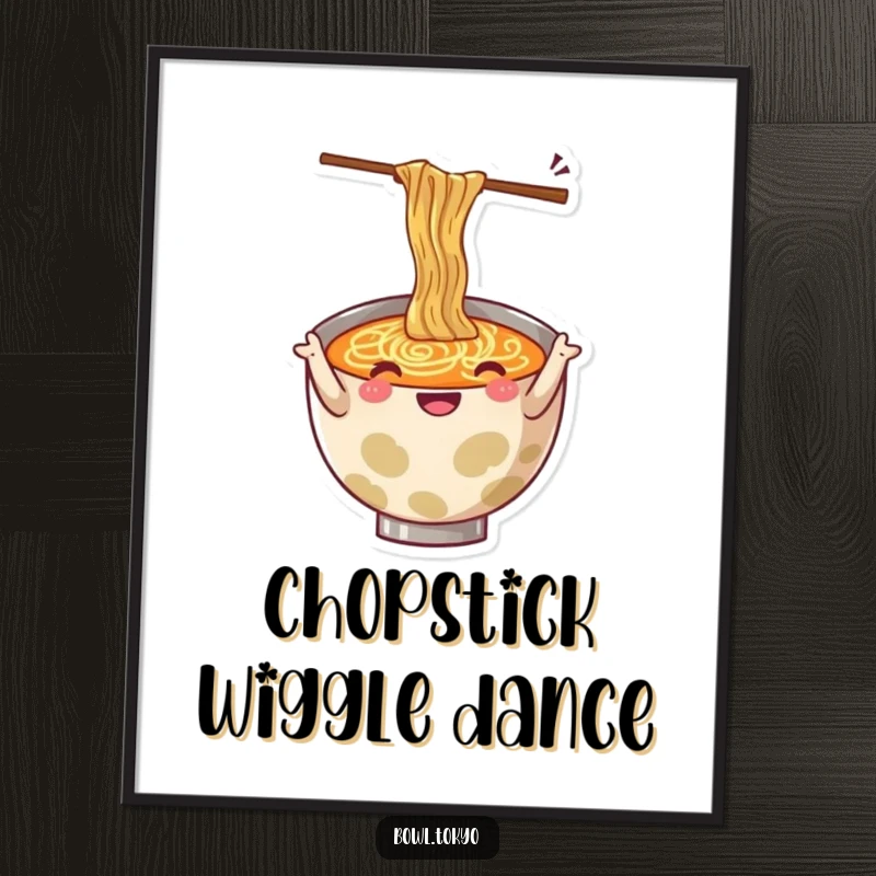 Funny digital art print of a ramen bowl character cheerfully gesturing with wiggling chopsticks, ready to download.