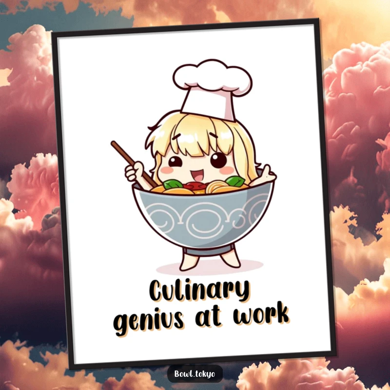 Funny digital art featuring a ramen bowl character in a chef hat posing dramatically, a humorous and stylish downloadable image.