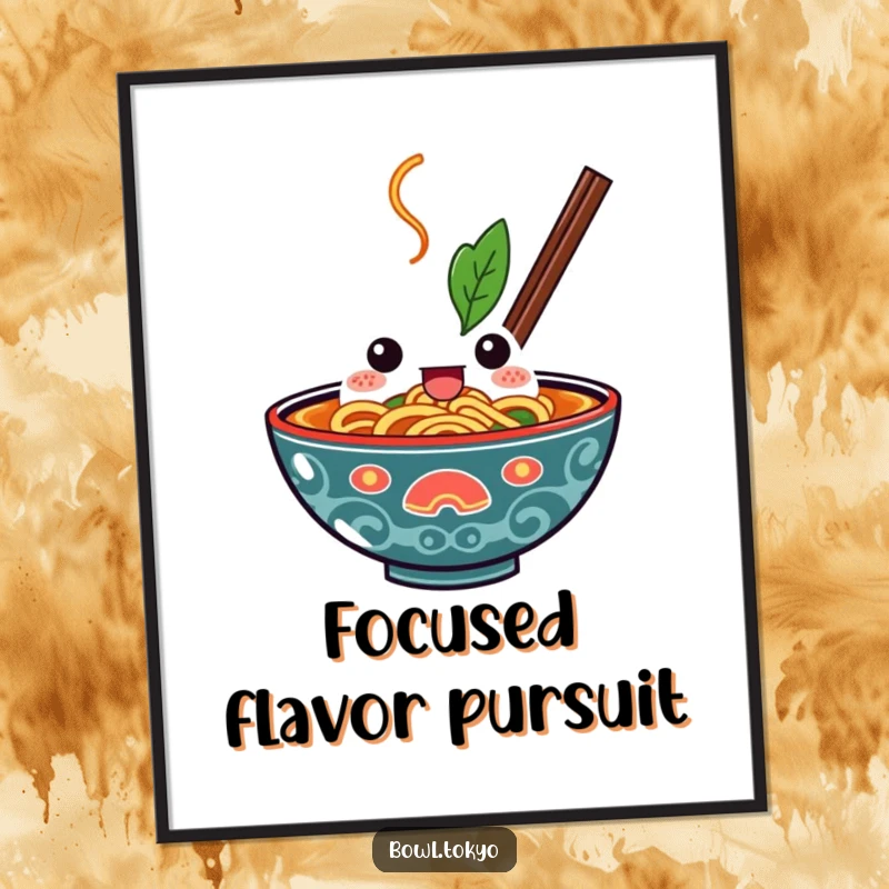 Funny Kawaii Ramen Bowl Digital Art Print of a determined character, mouth open, symbolizing a bold dive into deliciousness and ambition.