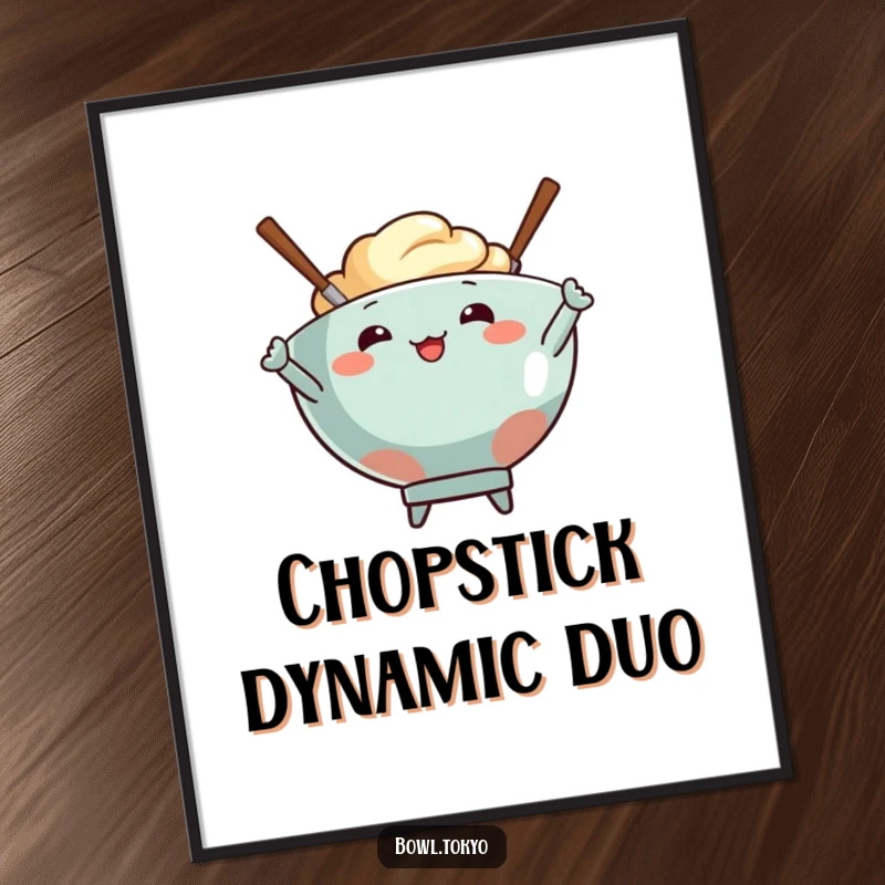 Funny digital art print of a food bowl character and two energetic chopsticks striking a memorable pose.