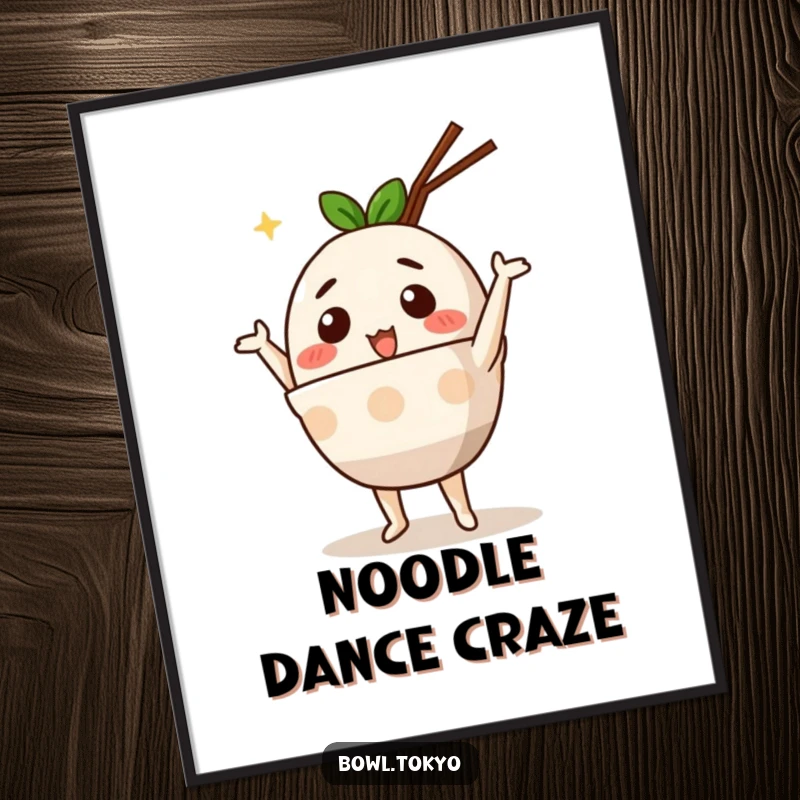 Funny Cute Ramen Bowl Digital Art Print of an anthropomorphic character performing a joyful and silly dance, perfect for adding fun.