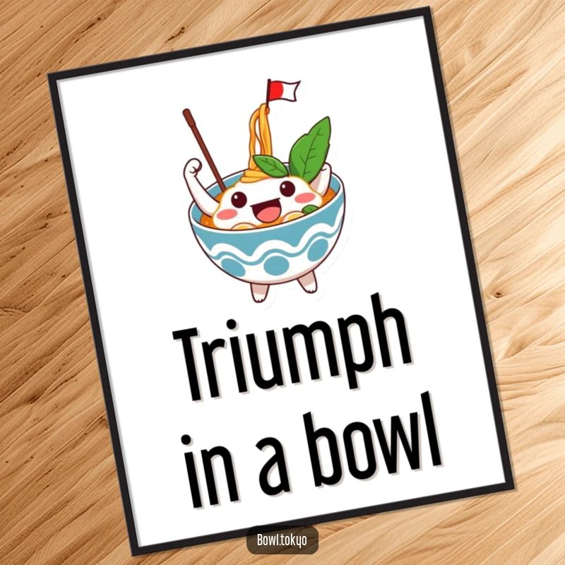 Funny Excited Ramen Bowl Digital Art Print of an excited character waving a flag from noodles, symbolizing pure joy and celebration.