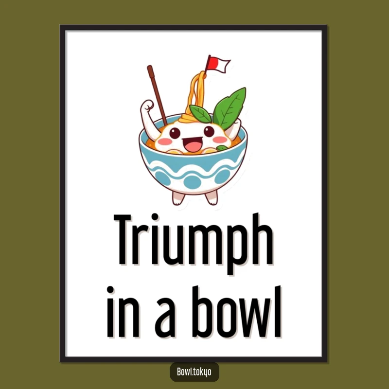 Funny Excited Ramen Bowl Digital Art Print: Celebrate with Joy, a Waving Noodle Masterpiece