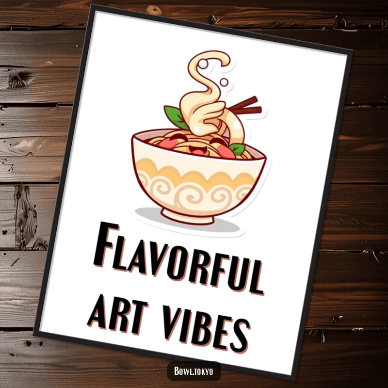 Funny ramen bowl digital art print of a character giggling with steam puffing happily, immediate humorous decor.