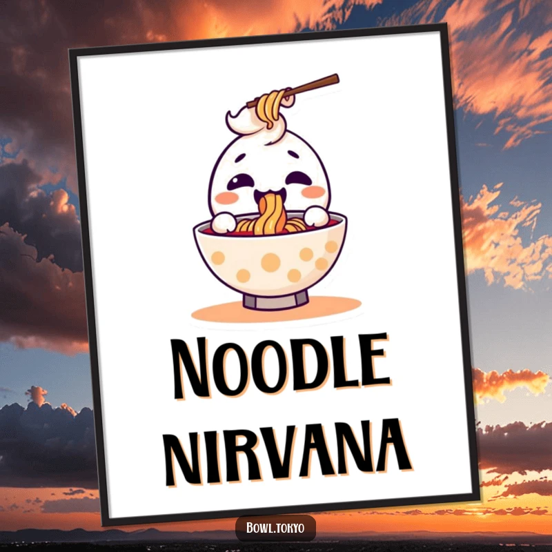 Funny kawaii ramen bowl digital art print of a joyful character joyfully slurping a noodle, full of expression.