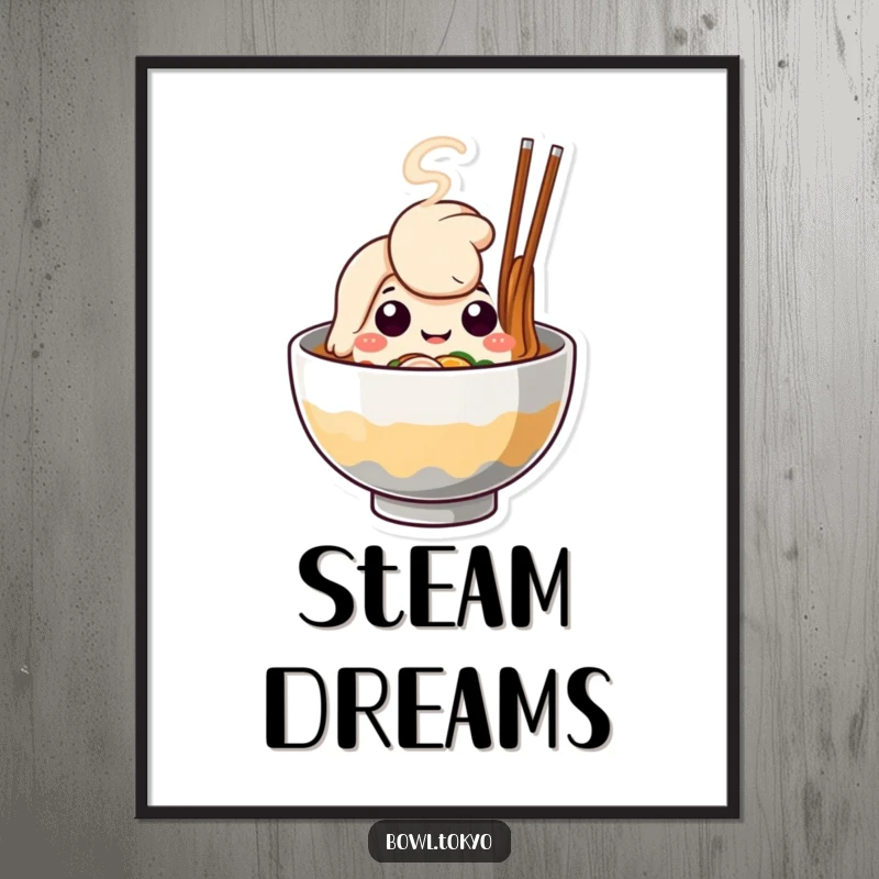 Funny Ramen Bowl Digital Art Print, a cute character with happy steam, perfect for instant home decor.
