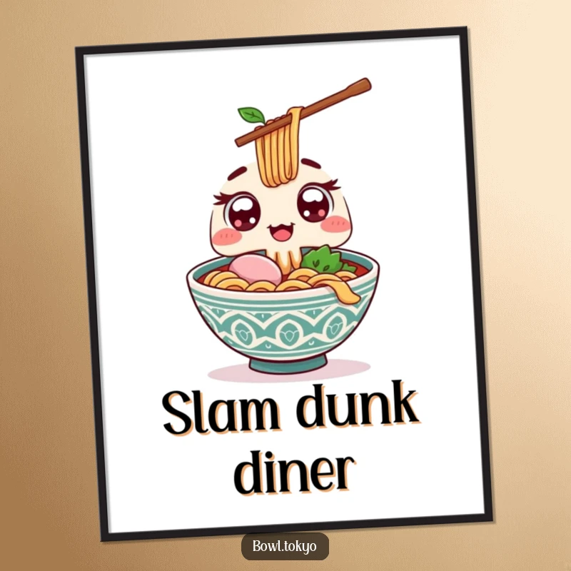 Funny Kawaii ramen bowl digital art print with wide excited eyes, offering a giant chopstick, bringing playful humor to decor.